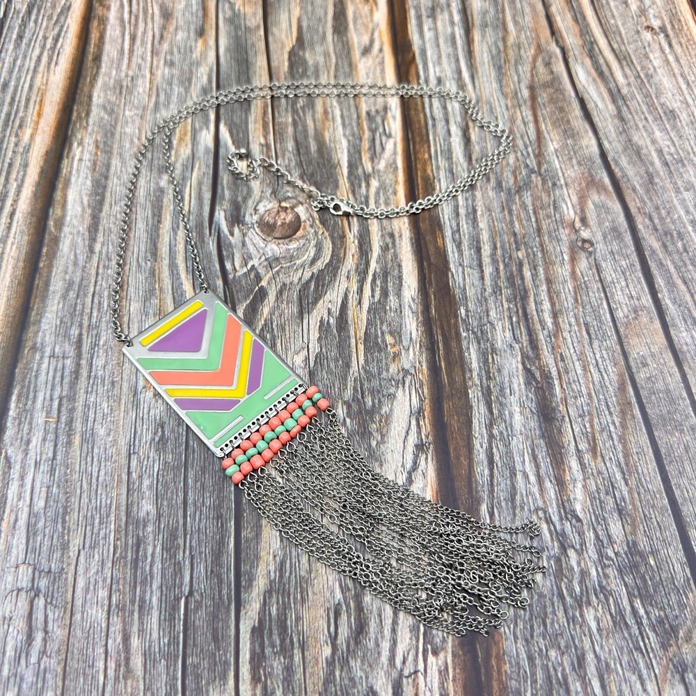 Silver Tone Geometric Enamel Chain Fringe Tassel Pendant Necklace Boho Statement